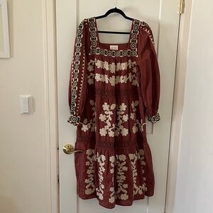 Sezane Burgundy and Cream Floral Long Sleeve Dress